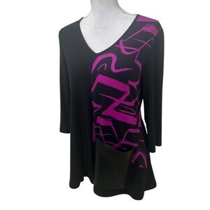 Joseph Ribkoff Black & Purple print Long Sleeve v neck Top pleather pocket med